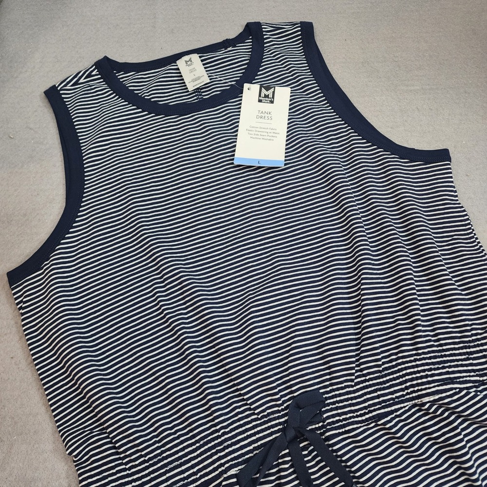 Member's Mark Tank Dress Navy Striped Drawstring Waist Women's Sz L NEW